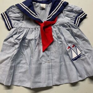 Vintage Kids sailor/boat Dress in Blue and Red pin stripes size 18 months